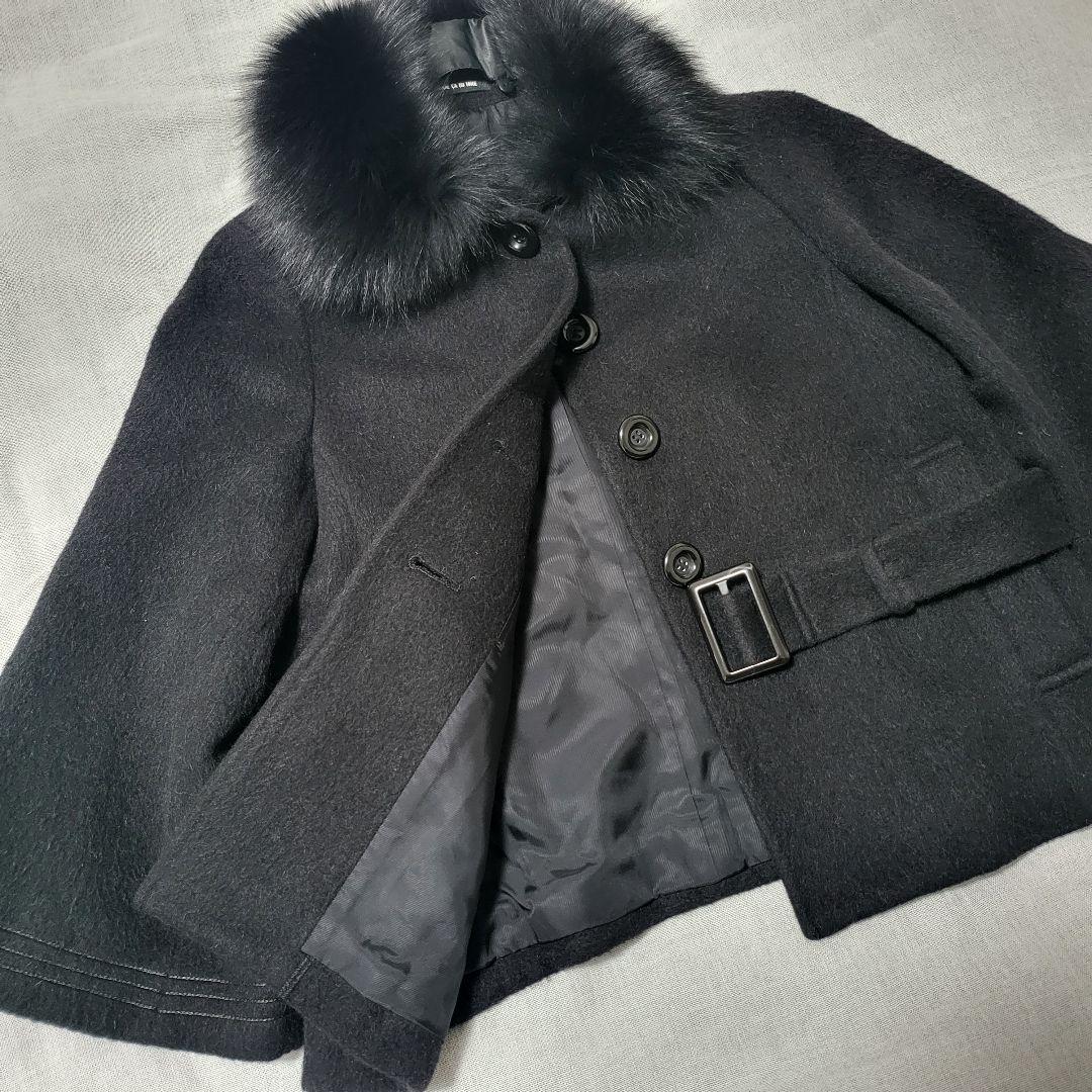 美品☆フォックスファー☆黒 アンゴラ×ウール短丈ポンチョケープ