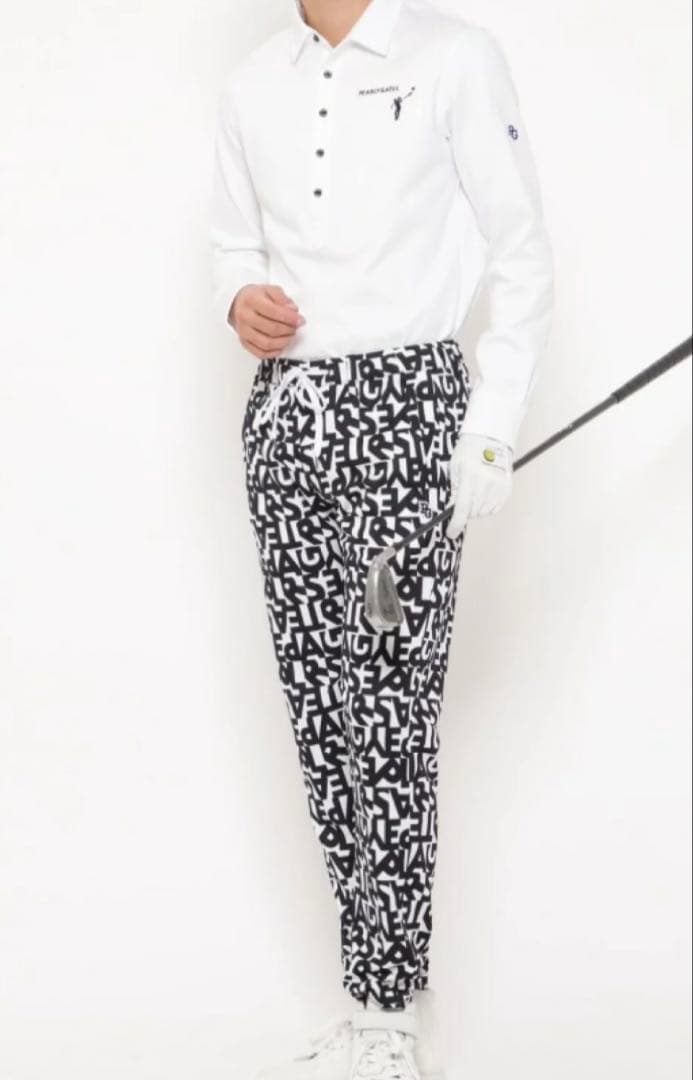 新品 パーリーゲイツ ゴルフ柄ジャガード 長袖ポロシャツ(6)サイズLL/白