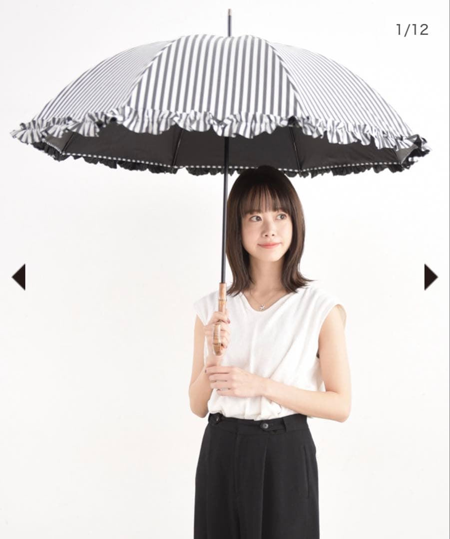 サンバリア　日傘　長傘　Mサイズ フリル 白黒ストライプ バンブー