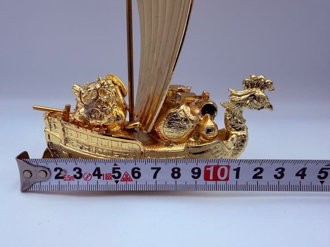 F【縁起物】宝船 置物 鳳凰 龍 金色 開運 商売繁盛 643g