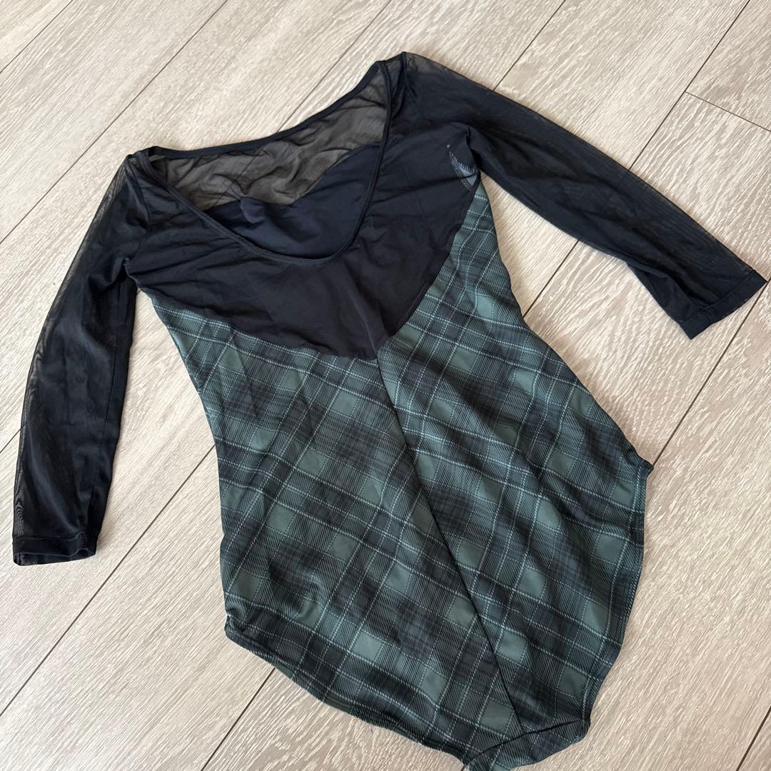 バイプリエ BYPLIE/グリーンチェック柄七分袖レオタードとスカートセット