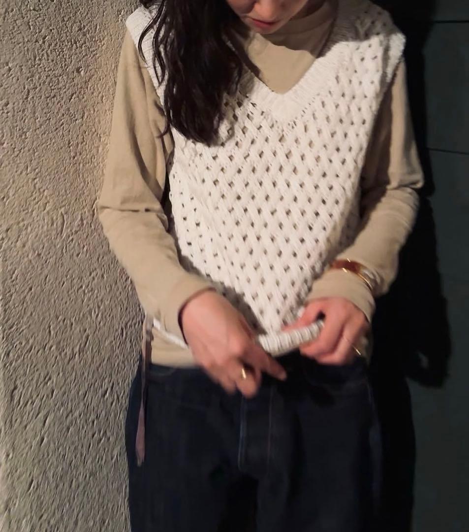 アキラナカ Lucia tape fringe knit pullover BK