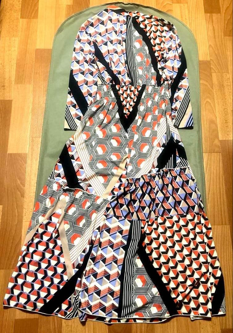 CORCOVADO リボンタイロングワンピース 幾何学柄 総柄 マルチカラー