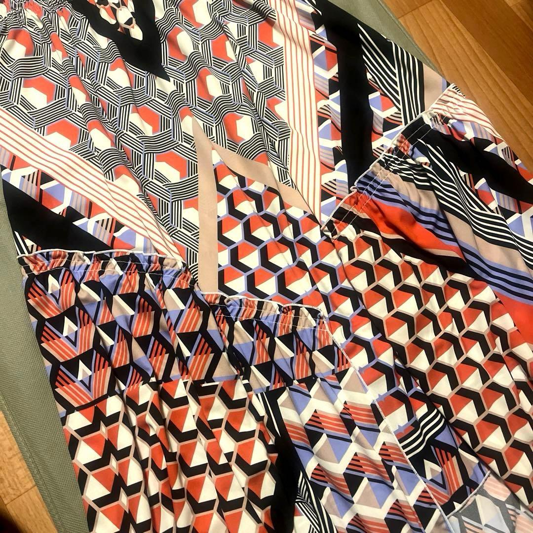 CORCOVADO リボンタイロングワンピース 幾何学柄 総柄 マルチカラー