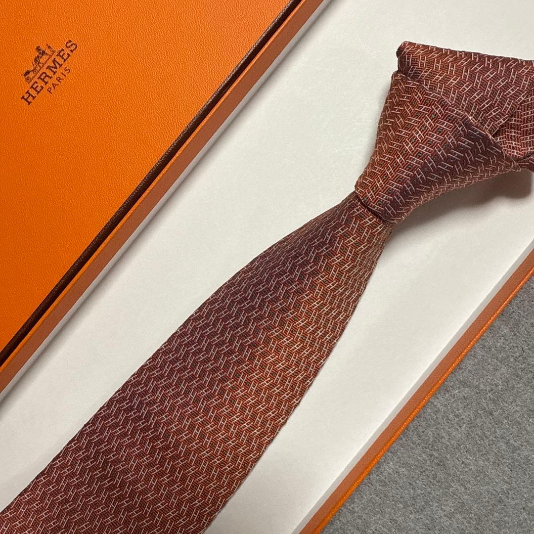 エルメス　ネクタイ　オレンジ　H柄 シルクジャガード