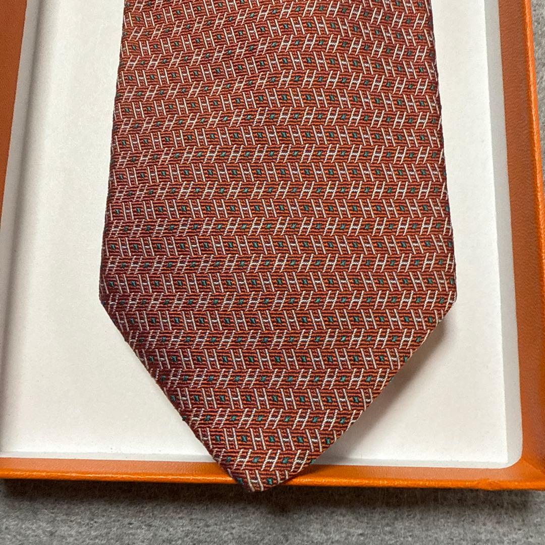 エルメス　ネクタイ　オレンジ　H柄 シルクジャガード