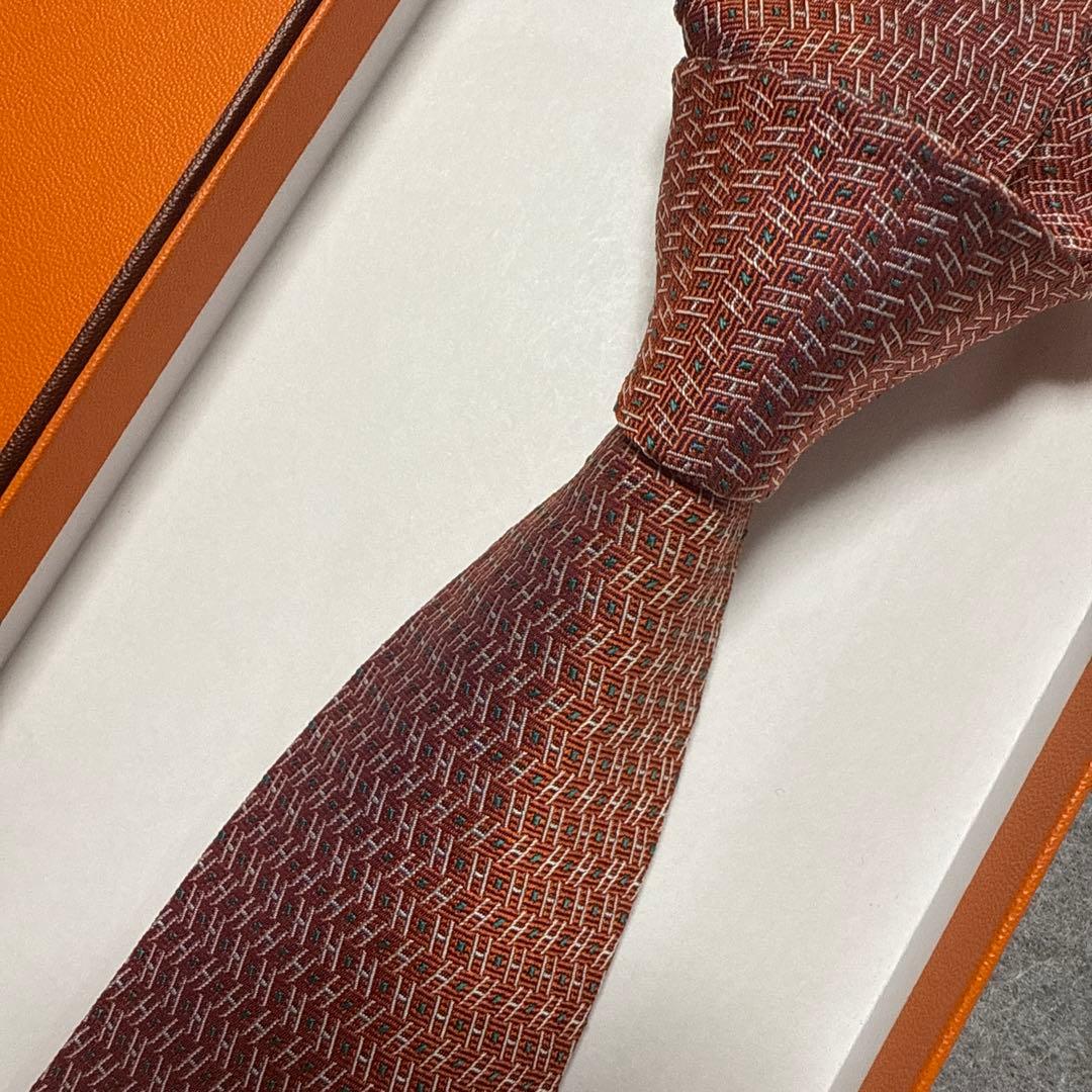 エルメス　ネクタイ　オレンジ　H柄 シルクジャガード