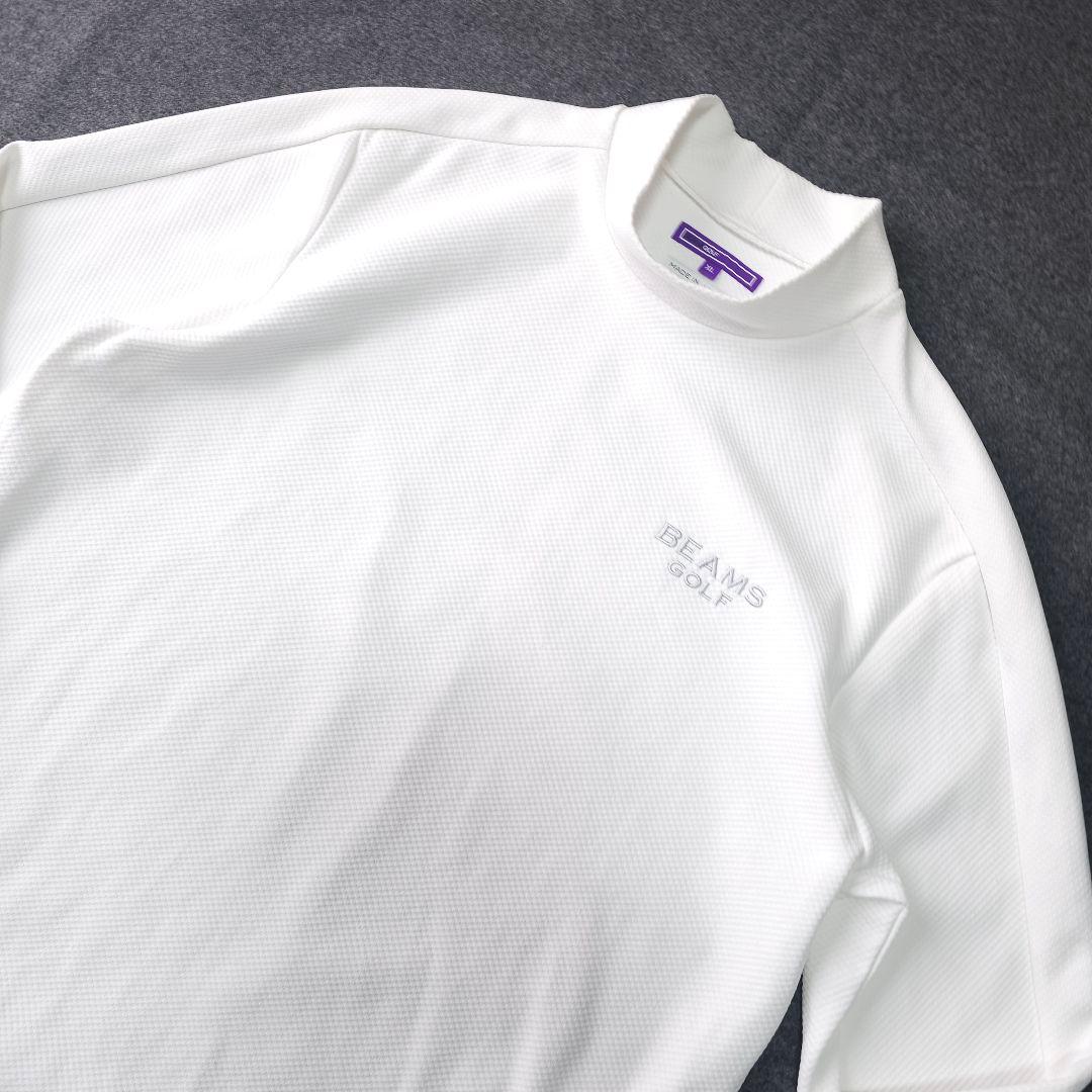 美品 ビームスゴルフ 春 モックネック長袖シャツ 白 XL ワッフル ドライ素材