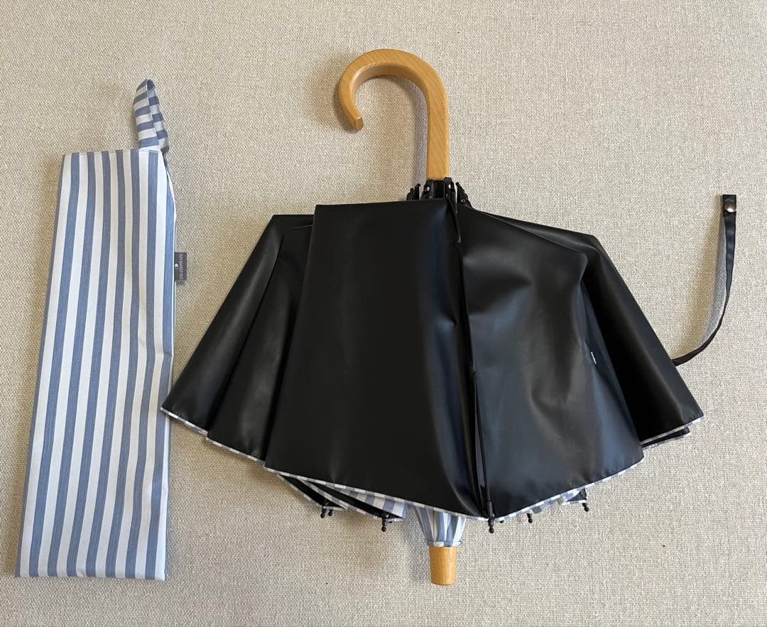 【美品 】 サンバリア100 日傘 2段折　ストライプブルー