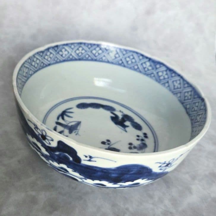 無傷　古伊万里　染付　深皿　鉢　桜　江戸時代　金直し　金継ぎ　骨董　アンティーク