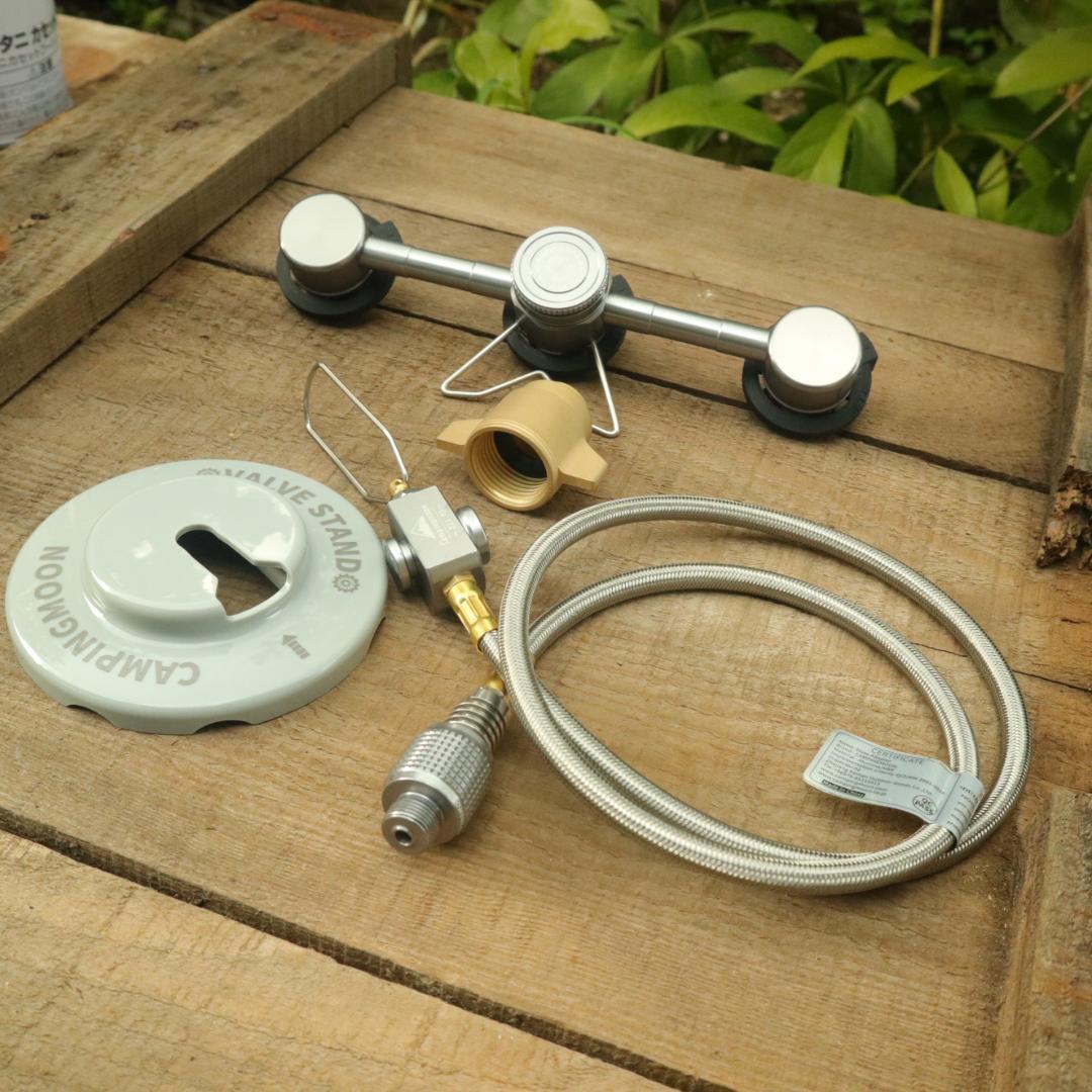 3連CB缶連結アダプタ＆バルブ付ガスホース　減圧器変換アダプタセット