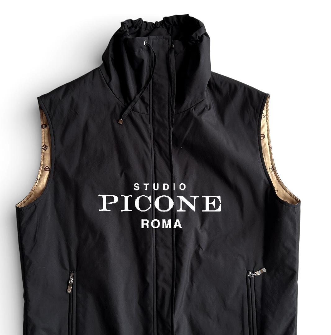 美品 ピッコーネ 裏モノグラム総柄 中綿入り シャーリング スタンドカラーベスト