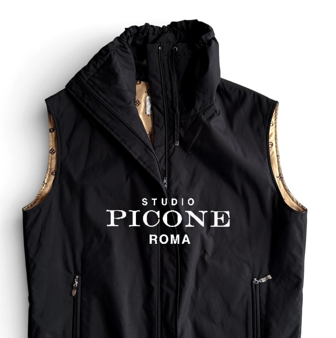 美品 ピッコーネ 裏モノグラム総柄 中綿入り シャーリング スタンドカラーベスト