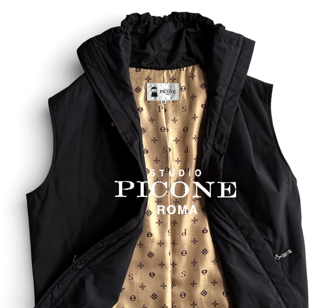 美品 ピッコーネ 裏モノグラム総柄 中綿入り シャーリング スタンドカラーベスト