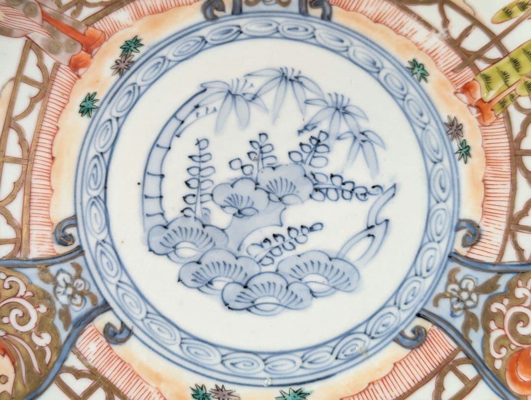 古伊万里　金彩色絵　富貴長春　七寸皿　一客