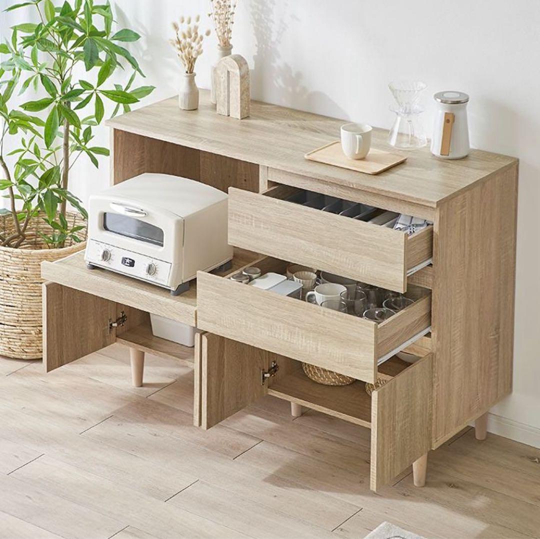 2/20で処分✨️ ほぼ新品 LOWYA ホワイトウォッシュ食器棚 レンジ台