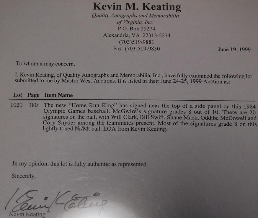 1984 USA Olympic Baseball★McGwire 証明書付