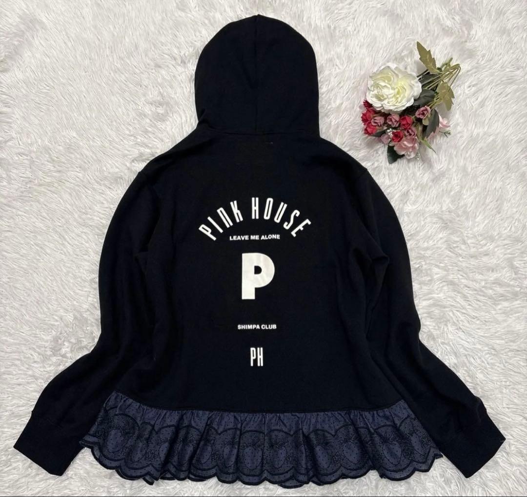 ピンクハウス いちごステッチレース使いパーカー ブラック フード Ｌ