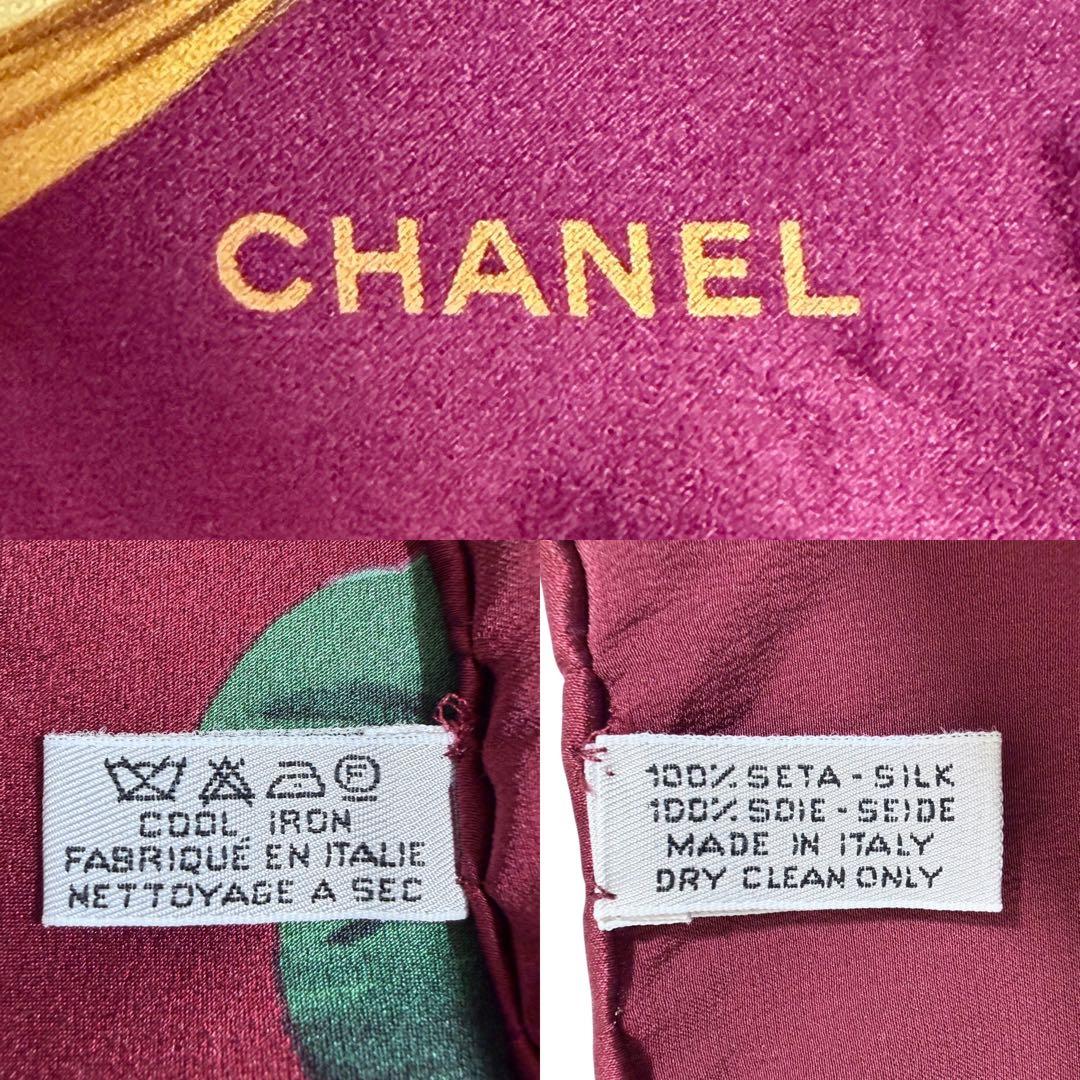 【極美品】シャネル 大判 スカーフ フラワー カメリア シルク100% ボルドー