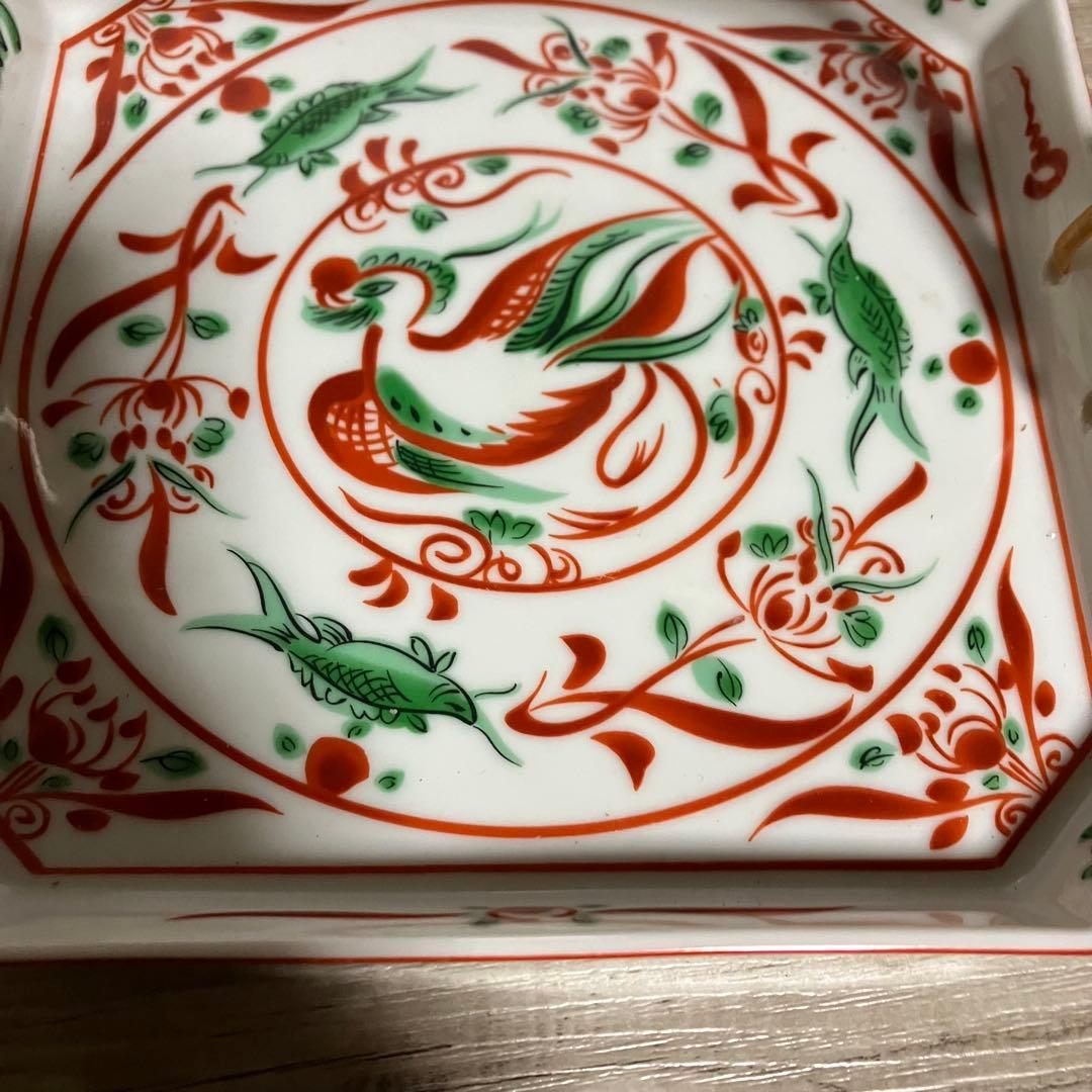 D-4 たち吉 赤絵 鳳凰文 菓子鉢（持ち手付き） 菓子器 盛皿 大皿