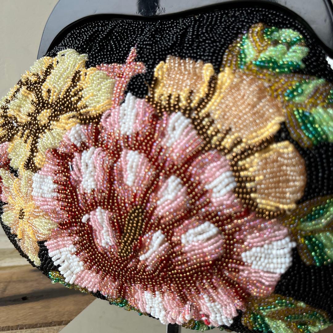 一点物✨美品✨ビーズバッグ　刺繍　お花柄　総柄　レトロ　着物 和装