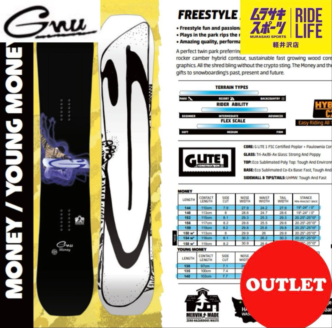 Gnu Money ブラック スノーボード　23-24モデル