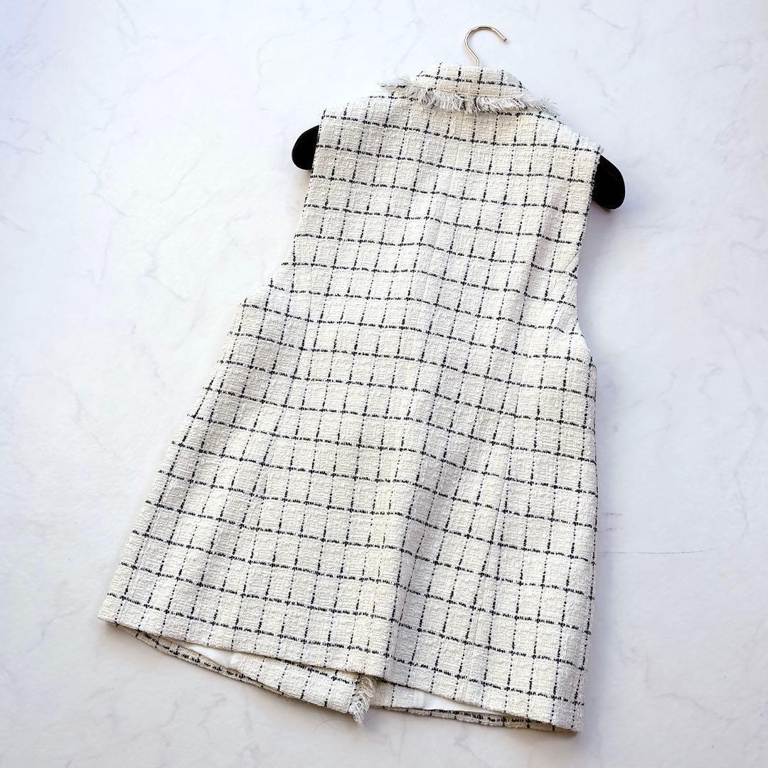 【ANAYI】定価6.4万　チェックツィードフリンジジレ　ベスト　パールボタン