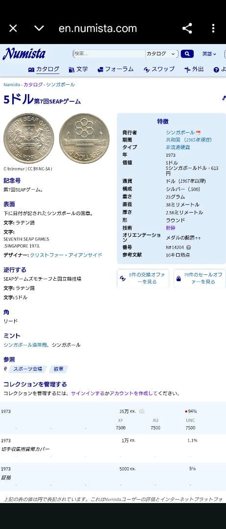 1973年 シンガポール銀貨 5ドル 第7回東南アジア競技大会記念銀貨 プルーフ