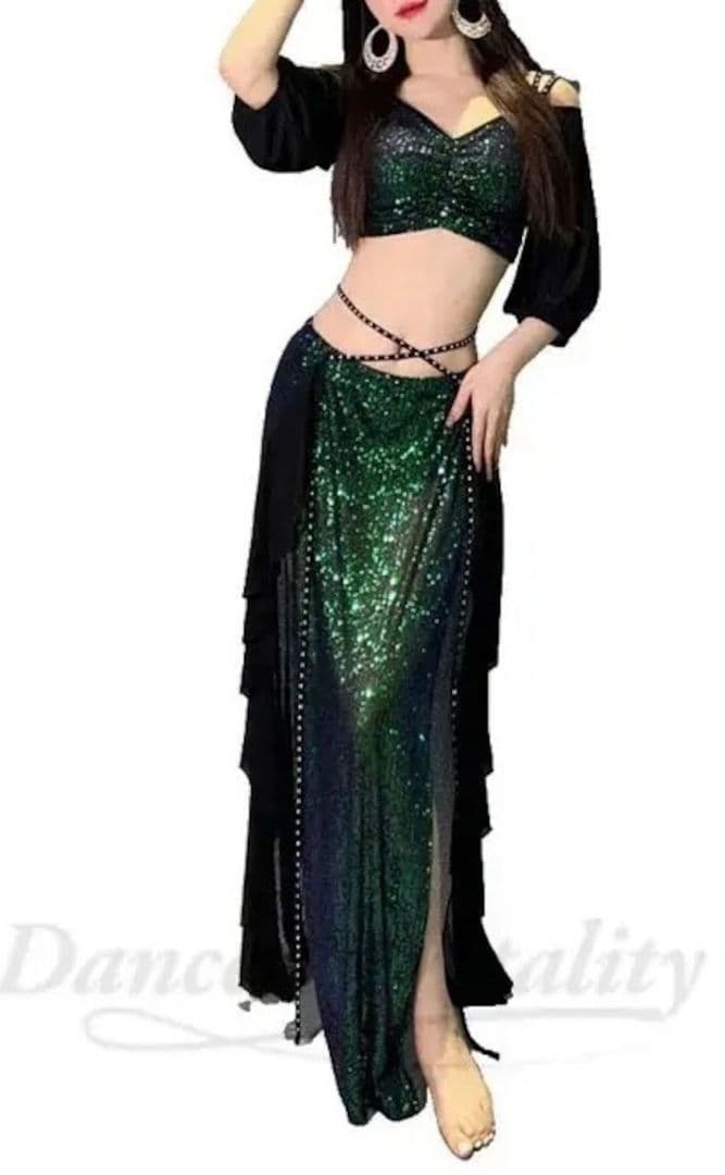ベリーダンス用セットアップ 緑と黒のスパンコールサイズM