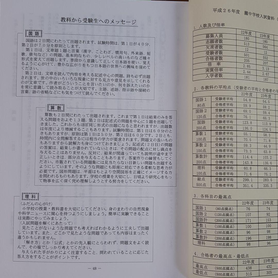 灘中学　入学試験問題及び解答　(学校作成冊子)　直近連続12年分12冊＋α