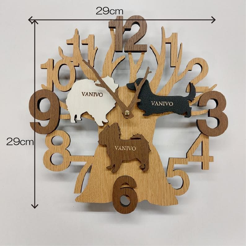 名入れ・文字入れ　木と犬・ネコ　3匹が選べます　デザイン壁掛け静音時計