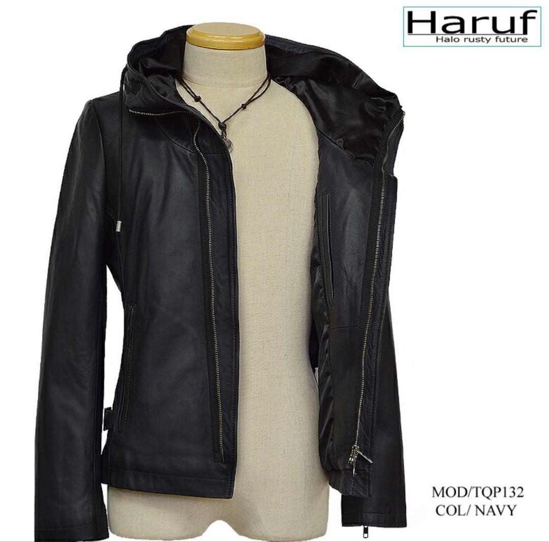 Haruf レザージャケット ライダース 革ジャン 本革 フード付き ラム