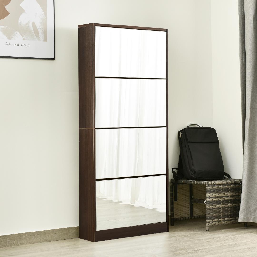 【鏡タイプ】ブラウン 下駄箱4段 シューズラック スリムタイプ 靴収納ラック