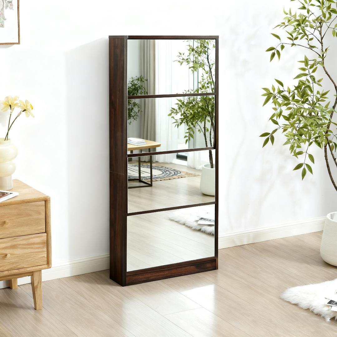 【鏡タイプ】ブラウン 下駄箱4段 シューズラック スリムタイプ 靴収納ラック