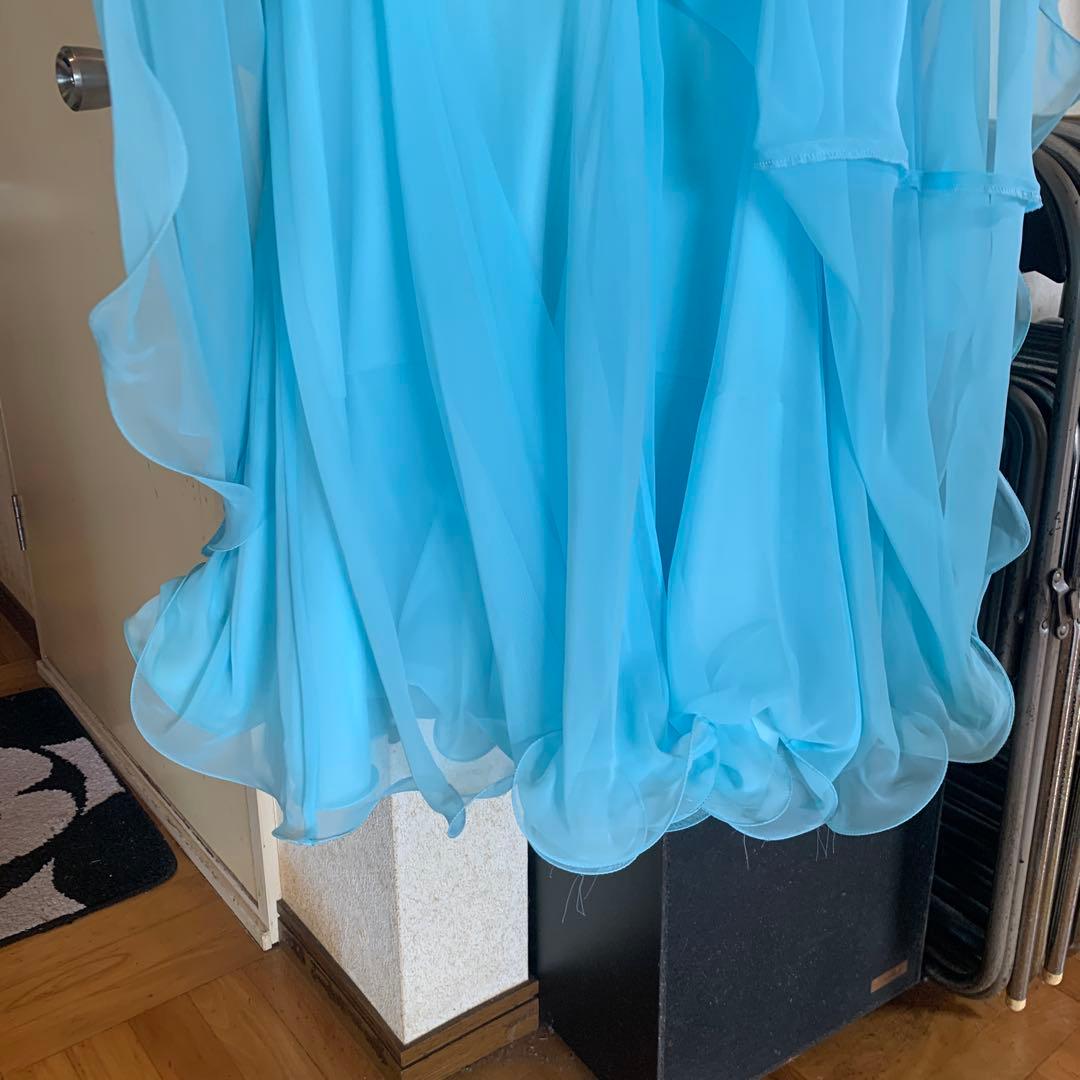 水色 刺繍入り 社交ダンスドレス 長袖