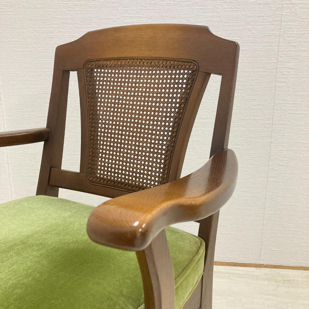 【飛騨産業】キツツキ　モケットグリーン　アームチェア　椅子　ダイニングチェア２脚