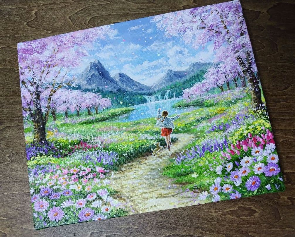 琥*ん様 【春の陽気】アクリル画 F3 風景画 絵画