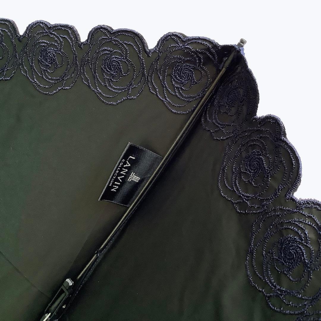 新品★ランバンコレクション★スカラップローズ刺繍晴雨兼用折りたたみ日傘★ネイビー
