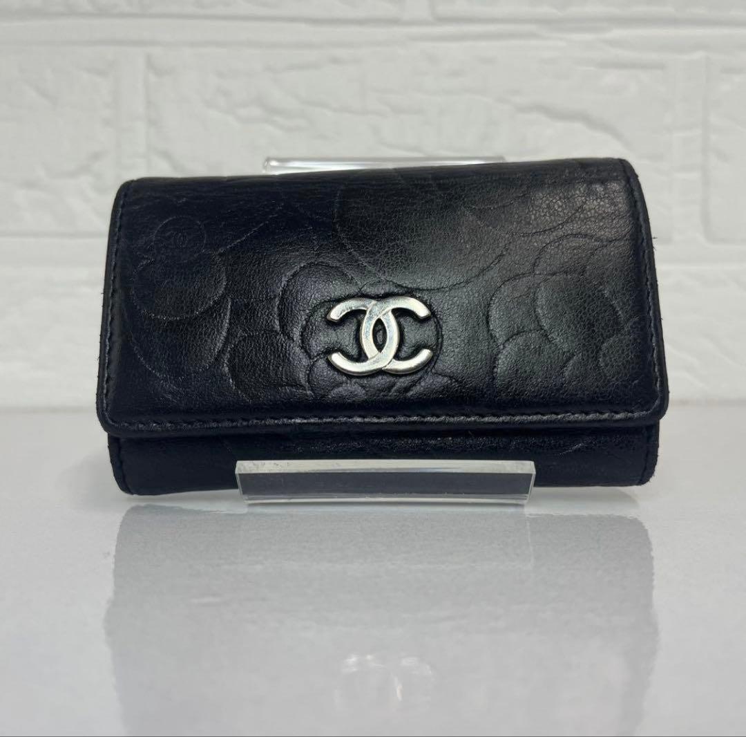 CHANEL シャネル 財布 カメリア キーケース ブラック 6連 ラムスキン