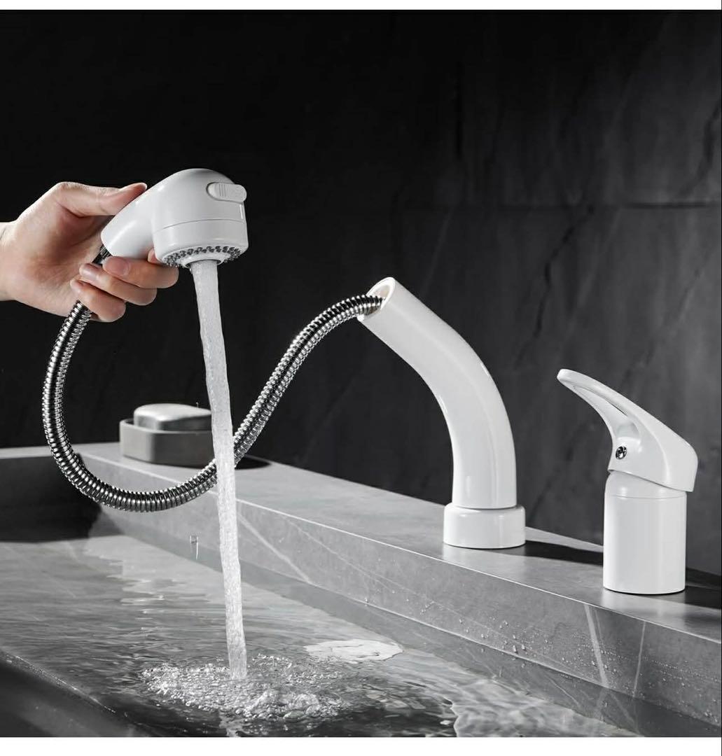 MEOMER 洗面台蛇口 ホワイト 引き出し式 360°回転 混合水栓