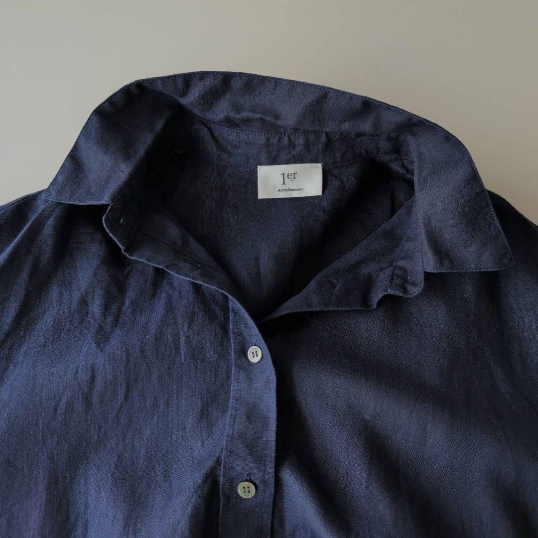 美品2023プルミエアロンディスモン　￼ウォッシュリネンシャツ　ネイビー　F