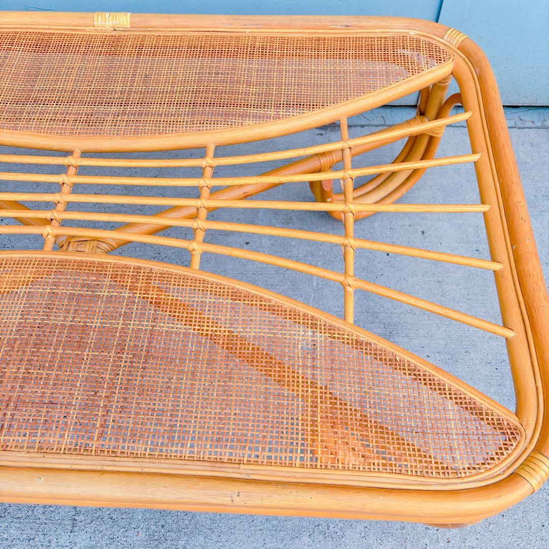 【チワワ様】流線デザイン ラタンガラスローテーブル 藤家具 古民具 昭和レトロ