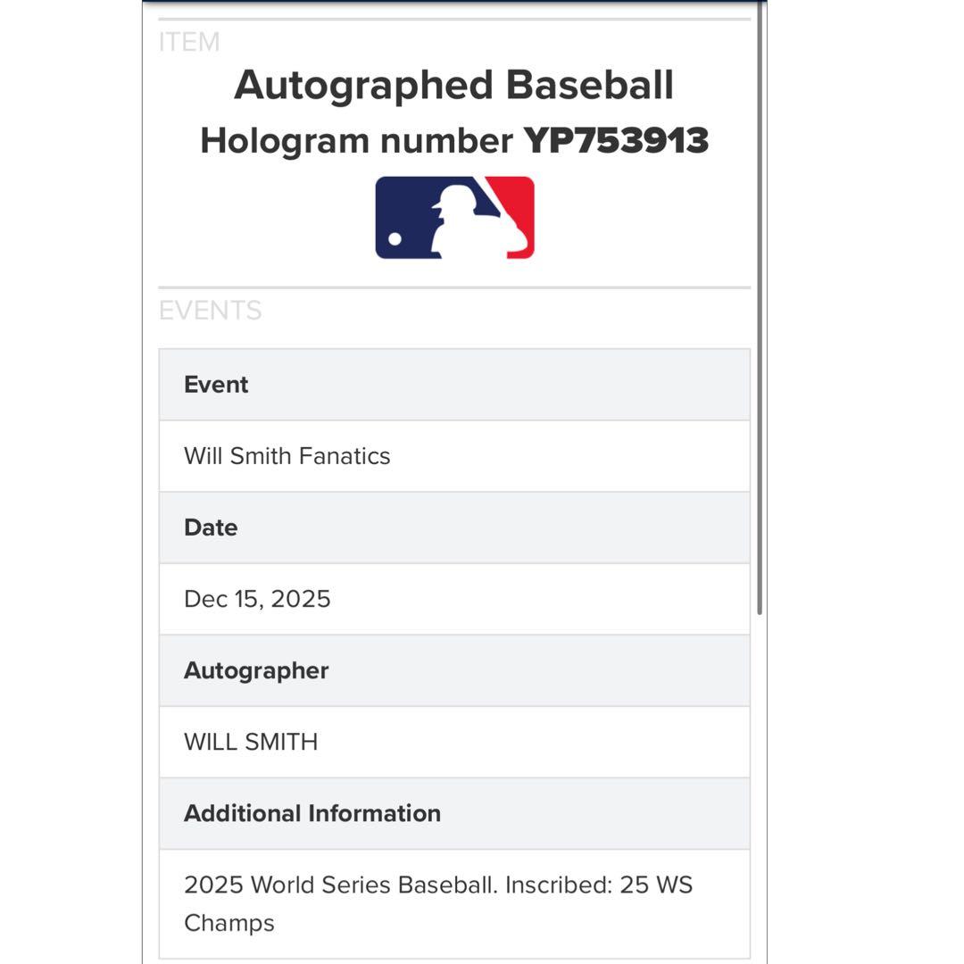 ウィル スミス 直筆サイン 25 WS Champs ボール MLB 証明付