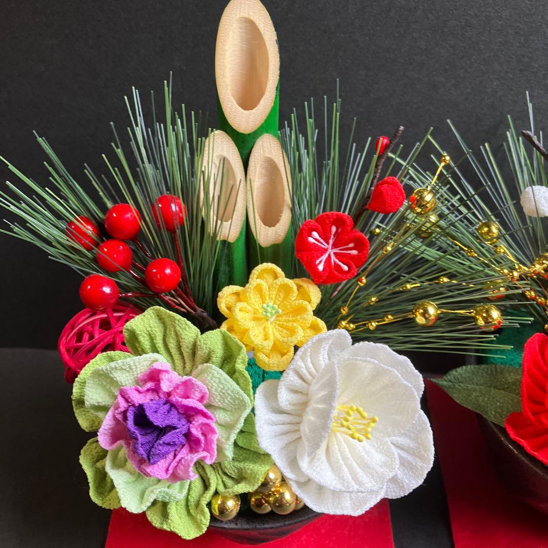 華やか　ちりめん　つまみ細工　お正月飾り　ミニ門松と鏡餅　No.18