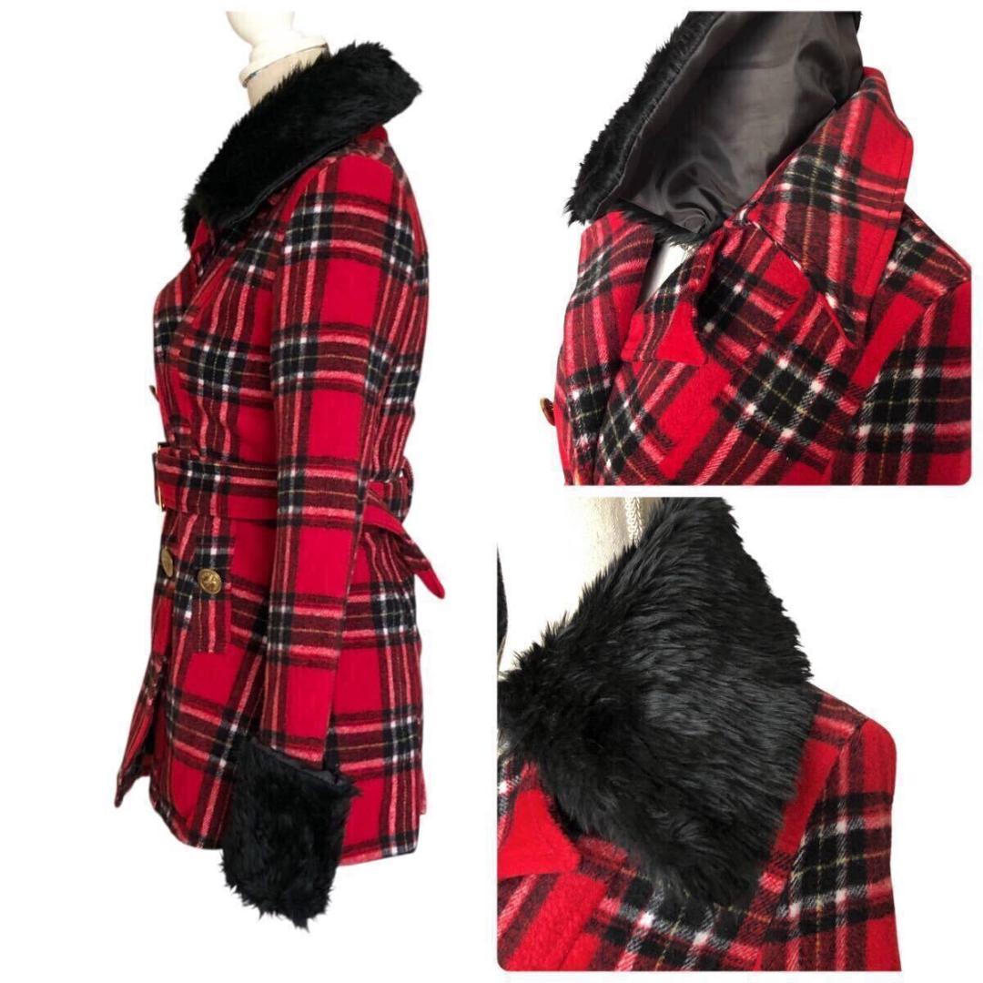 Y2K '00s⭐️美品 平成ギャル タータンチェック ファー Sサイズ レッド