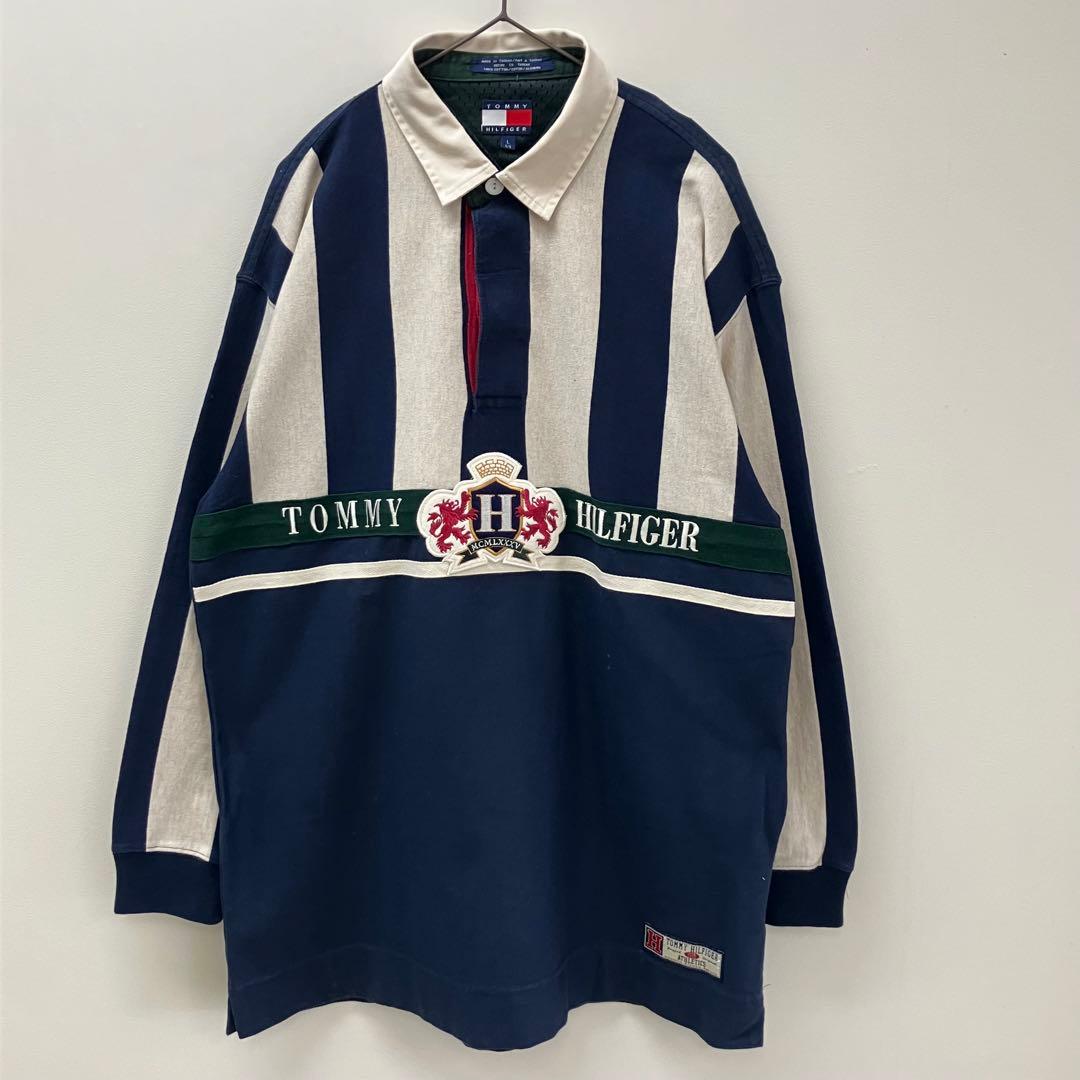 【美品】古着　トミーヒルフィガー　ラガーシャツ　メンズ　ネイビー・ベージュ　L