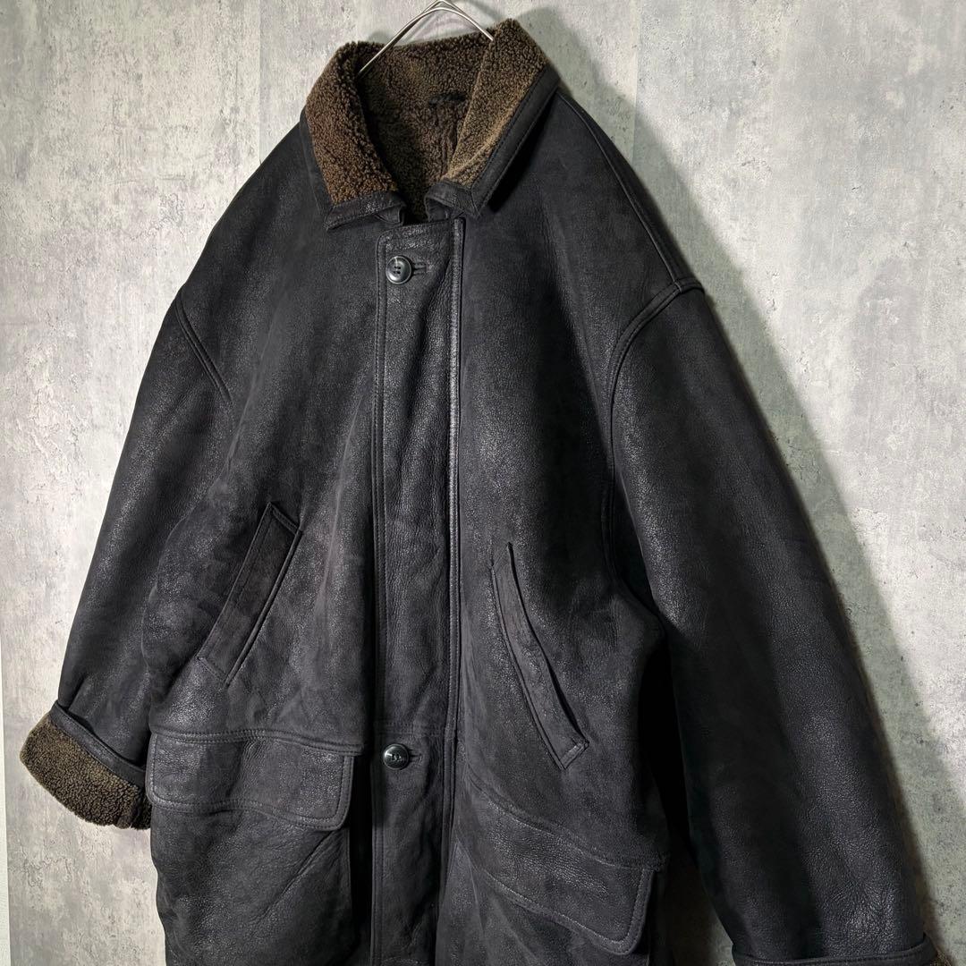 極上 肉厚 リアルムートン コート チャコールブラック 羊革 本革