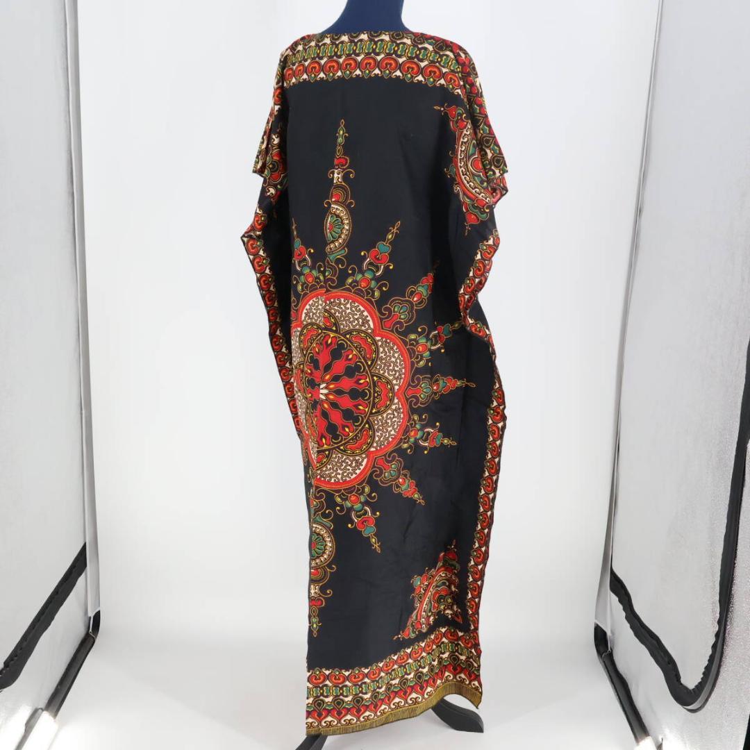 【ベリーダンス用衣装】ブラック ガラベーヤ ワンピースドレス 黒 赤 柄 華やか