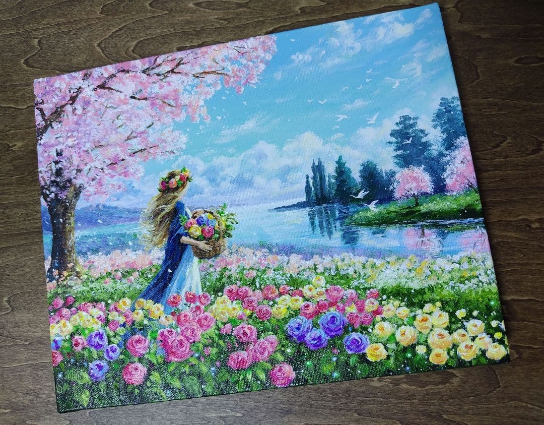 ま*る様 【花に囲まれて】アクリル画 F3 風景画 絵画