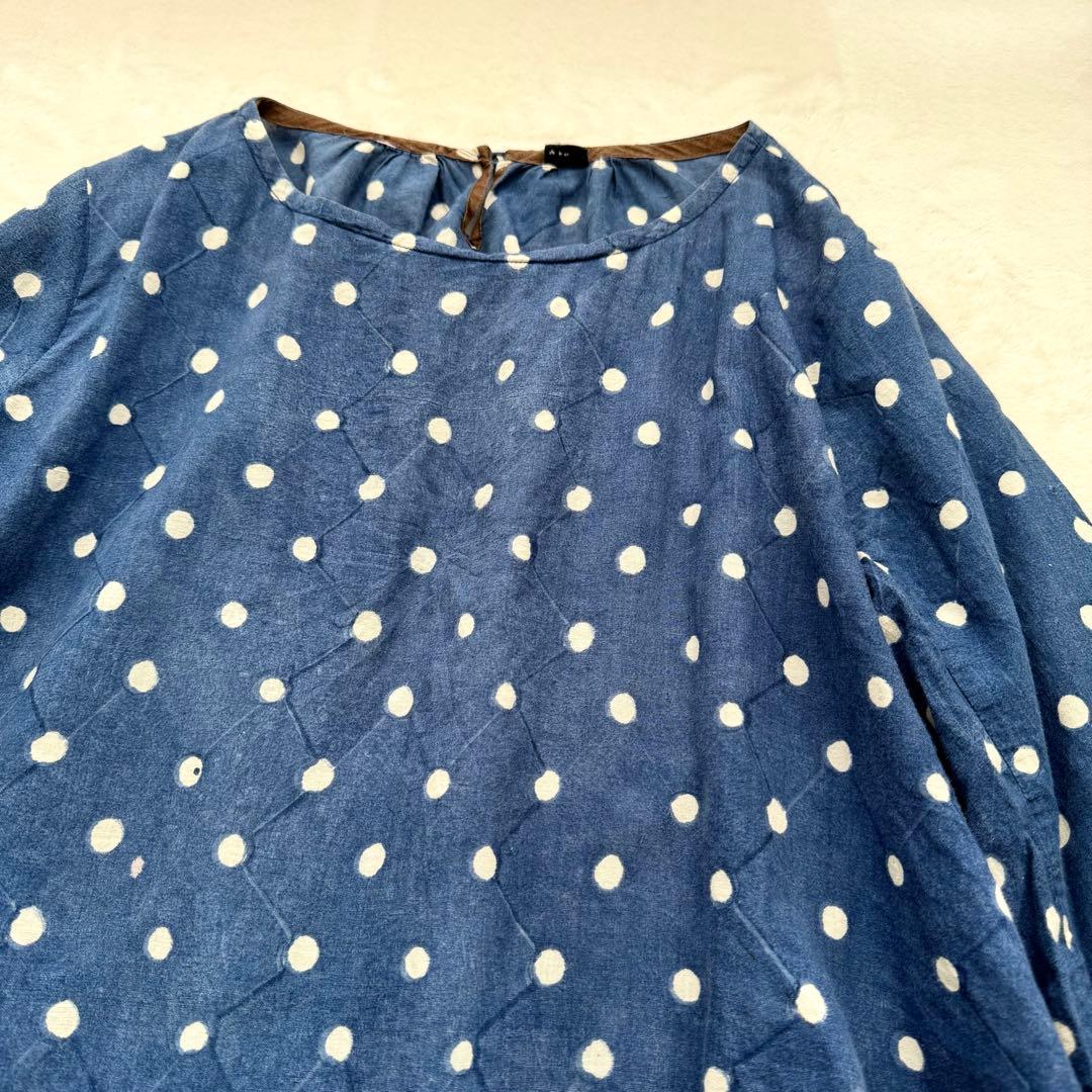 45R インディゴ染め ドット コットンギャザー チュニック ブラウス トップス